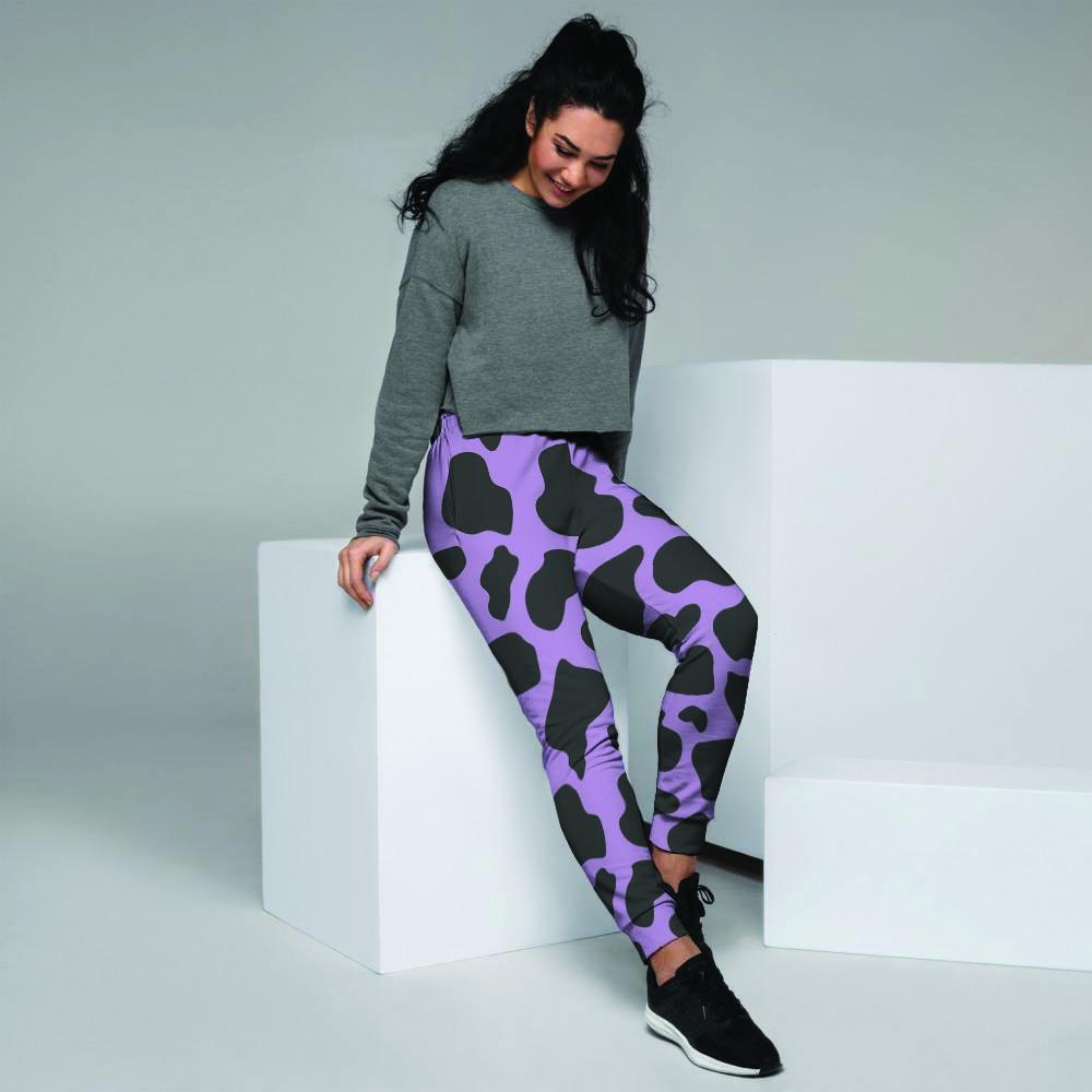 Black And Purple Cow Print Women's Joggers-grizzshop