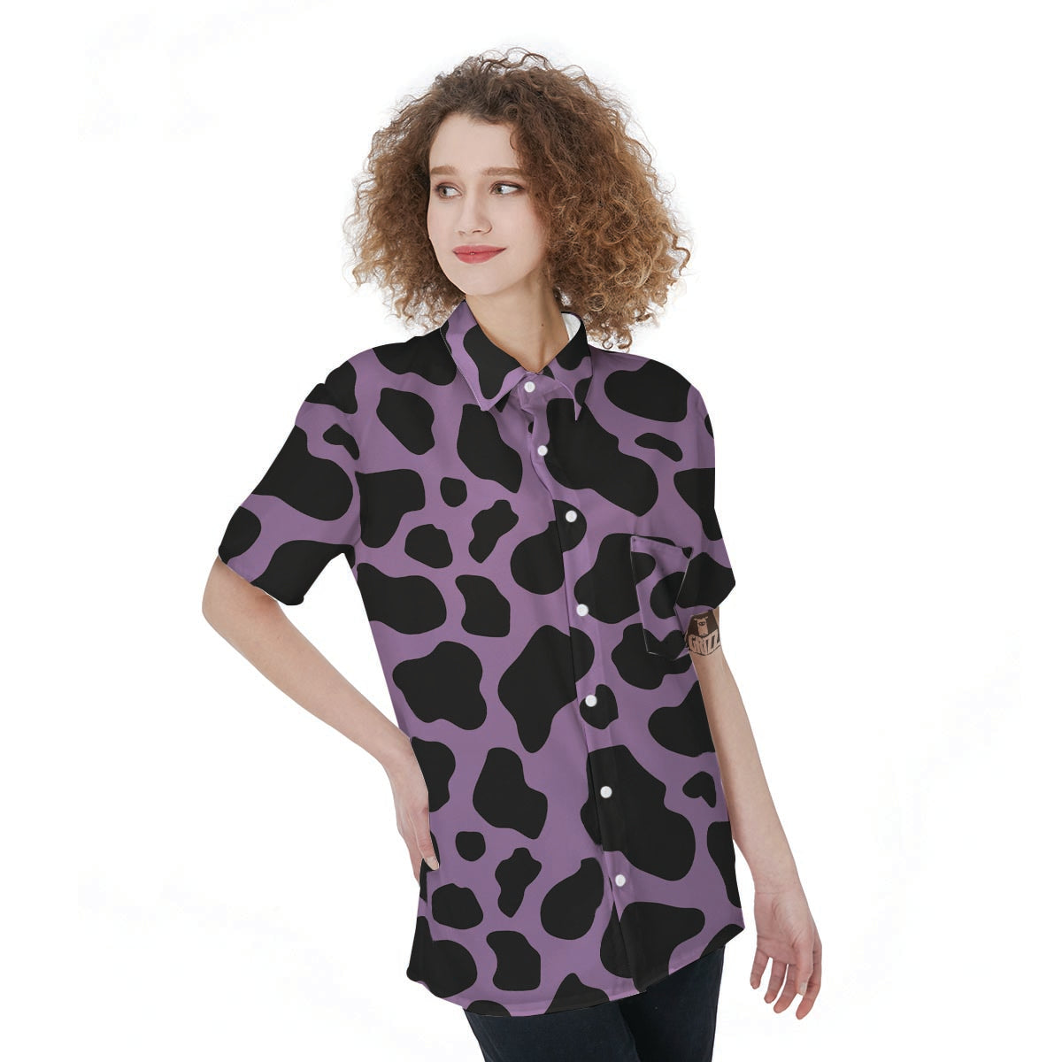 Black And Purple Cow Print Women's Short Sleeve Shirts-grizzshop