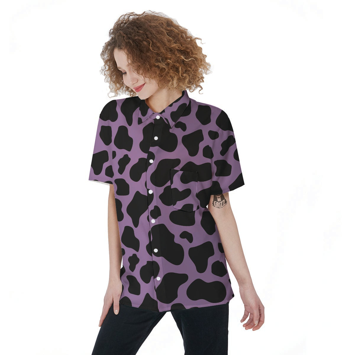 Black And Purple Cow Print Women's Short Sleeve Shirts-grizzshop