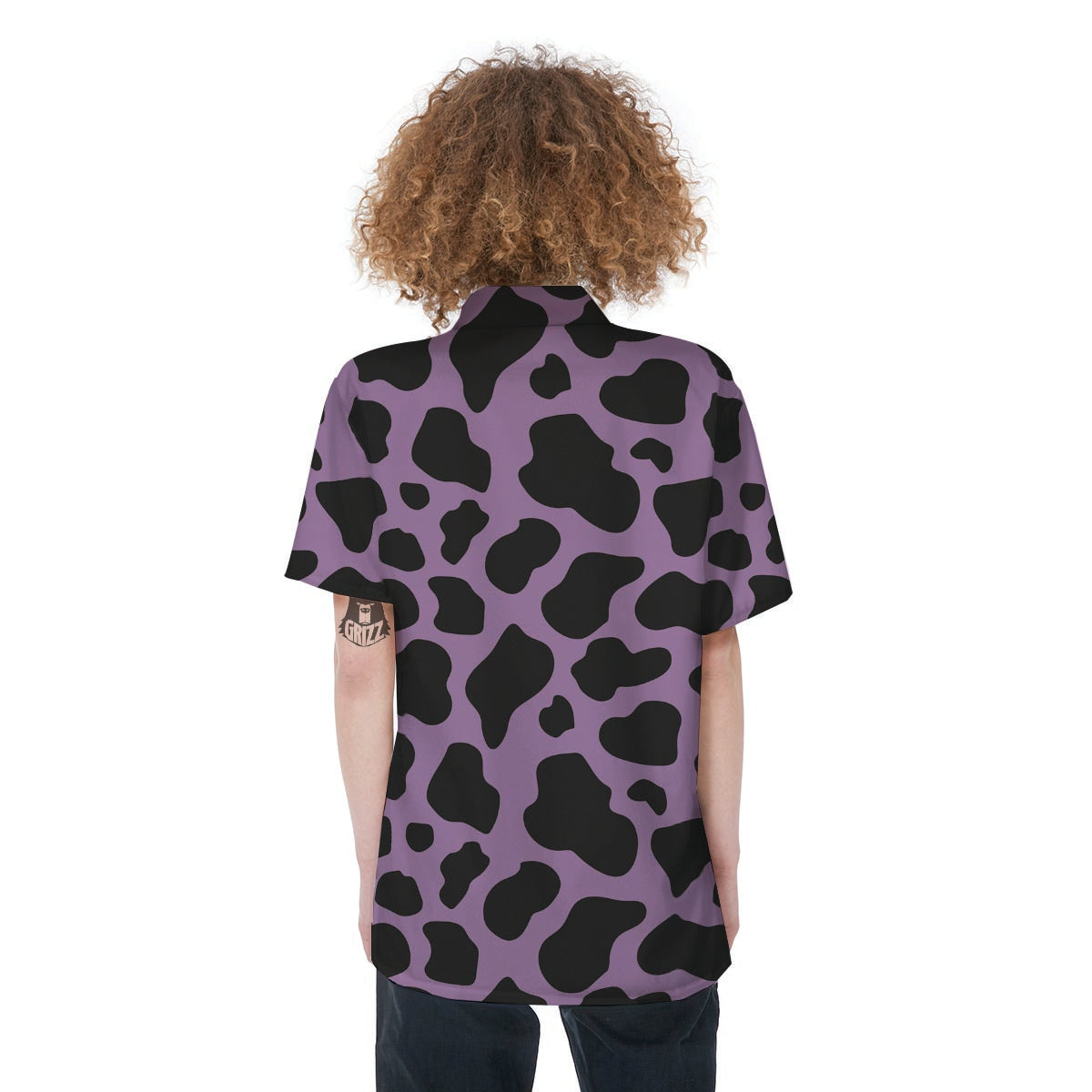 Black And Purple Cow Print Women's Short Sleeve Shirts-grizzshop