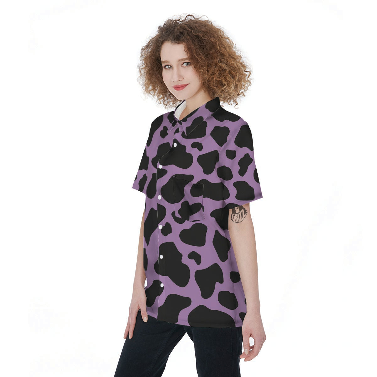 Black And Purple Cow Print Women's Short Sleeve Shirts-grizzshop