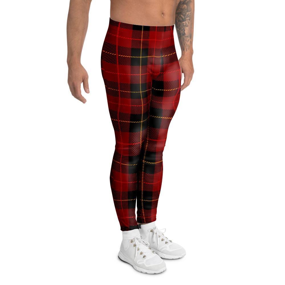 Black And Red Plaid Tartan Men's Leggings-grizzshop