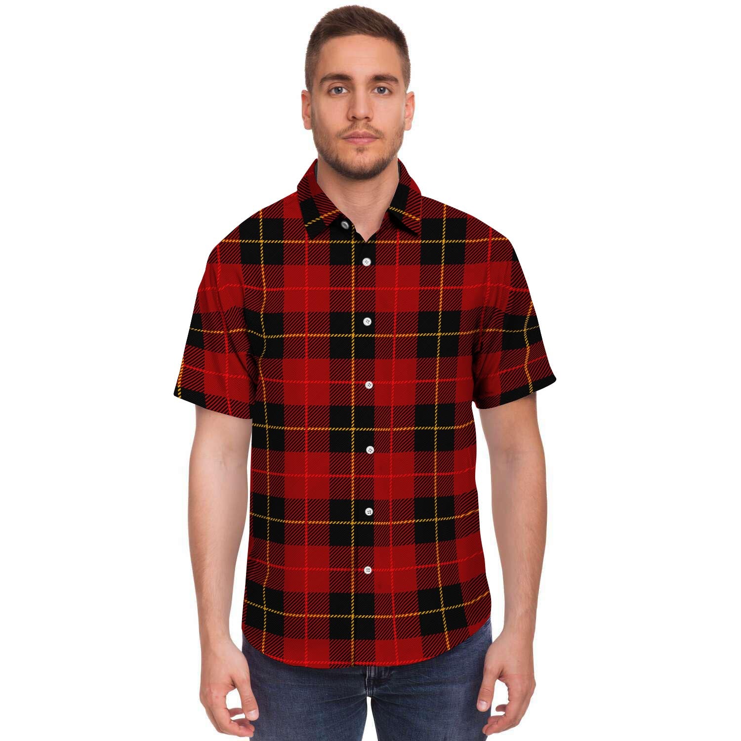 Black And Red Plaid Tartan Men's Short Sleeve Shirt-grizzshop