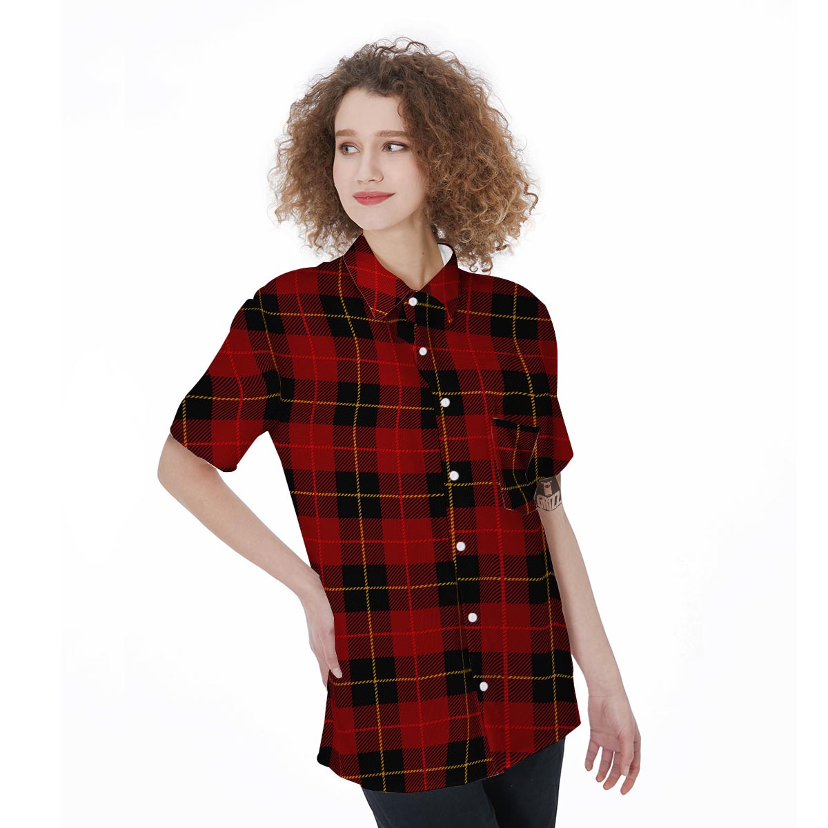 Black And Red Plaid Tartan Women's Short Sleeve Shirts-grizzshop