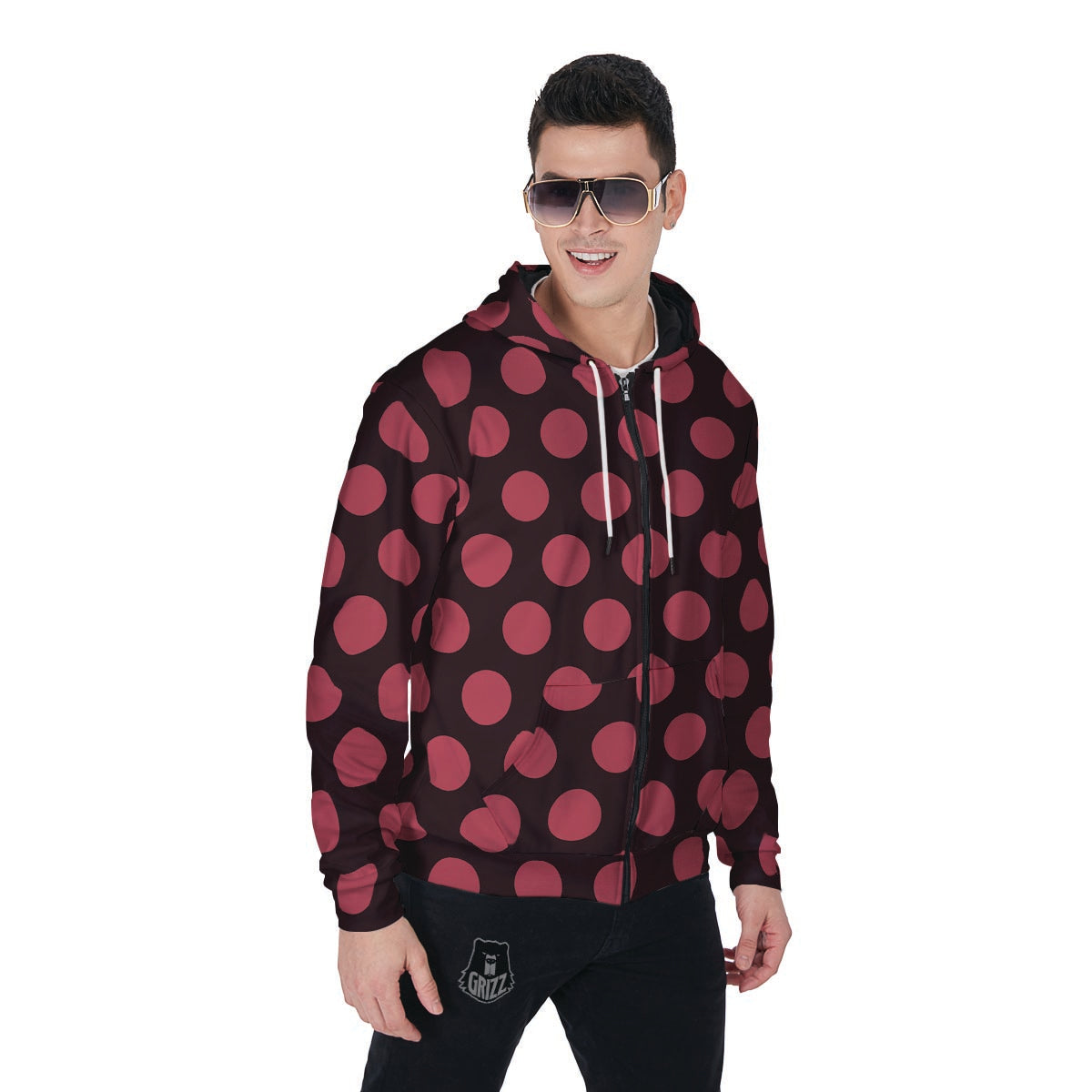 Black And Red Polka Dot Men's Zip Up Hoodie-grizzshop
