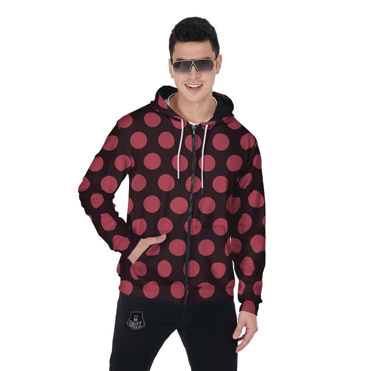 Black And Red Polka Dot Men's Zip Up Hoodie-grizzshop