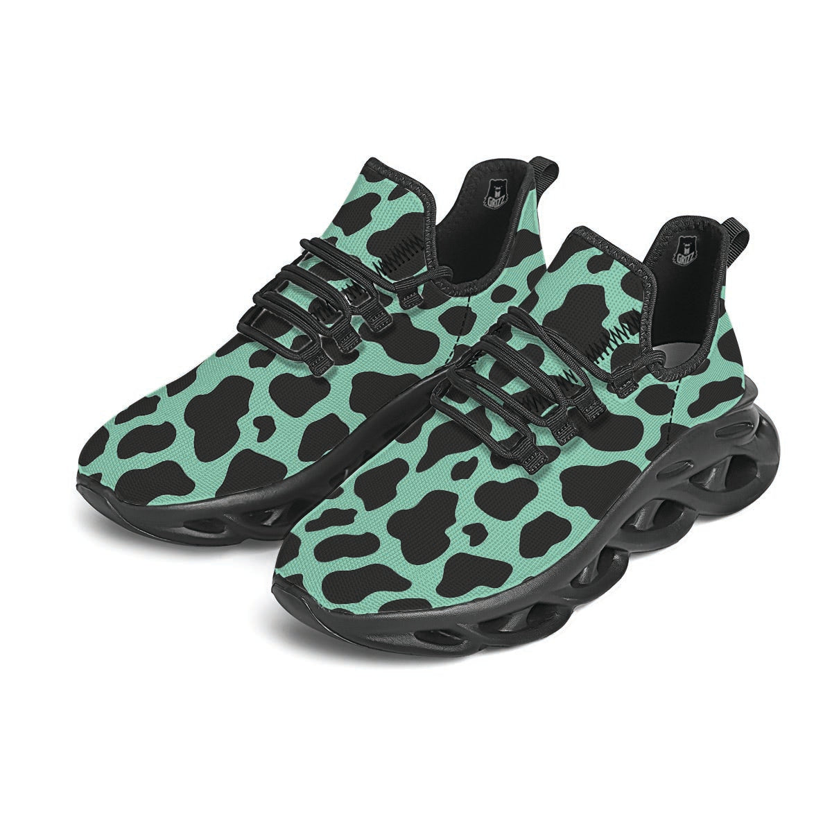 Black And Teal Cow Print Black Running Shoes-grizzshop