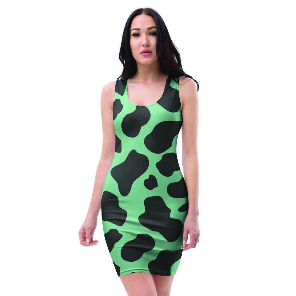 Black And Teal Cow Print Bodycon Dress-grizzshop