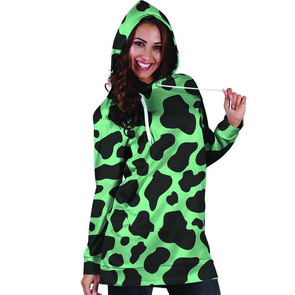 Black And Teal Cow Print Hoodie Dress-grizzshop