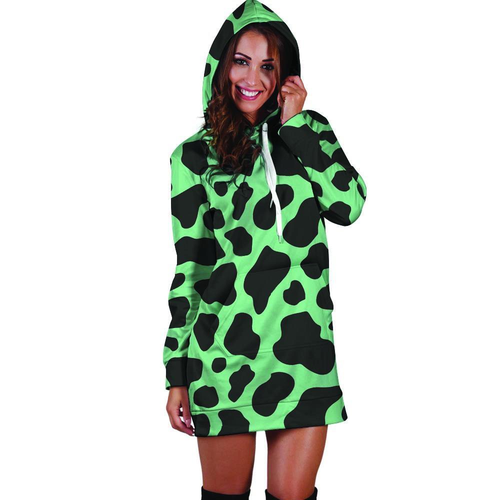 Black And Teal Cow Print Hoodie Dress-grizzshop