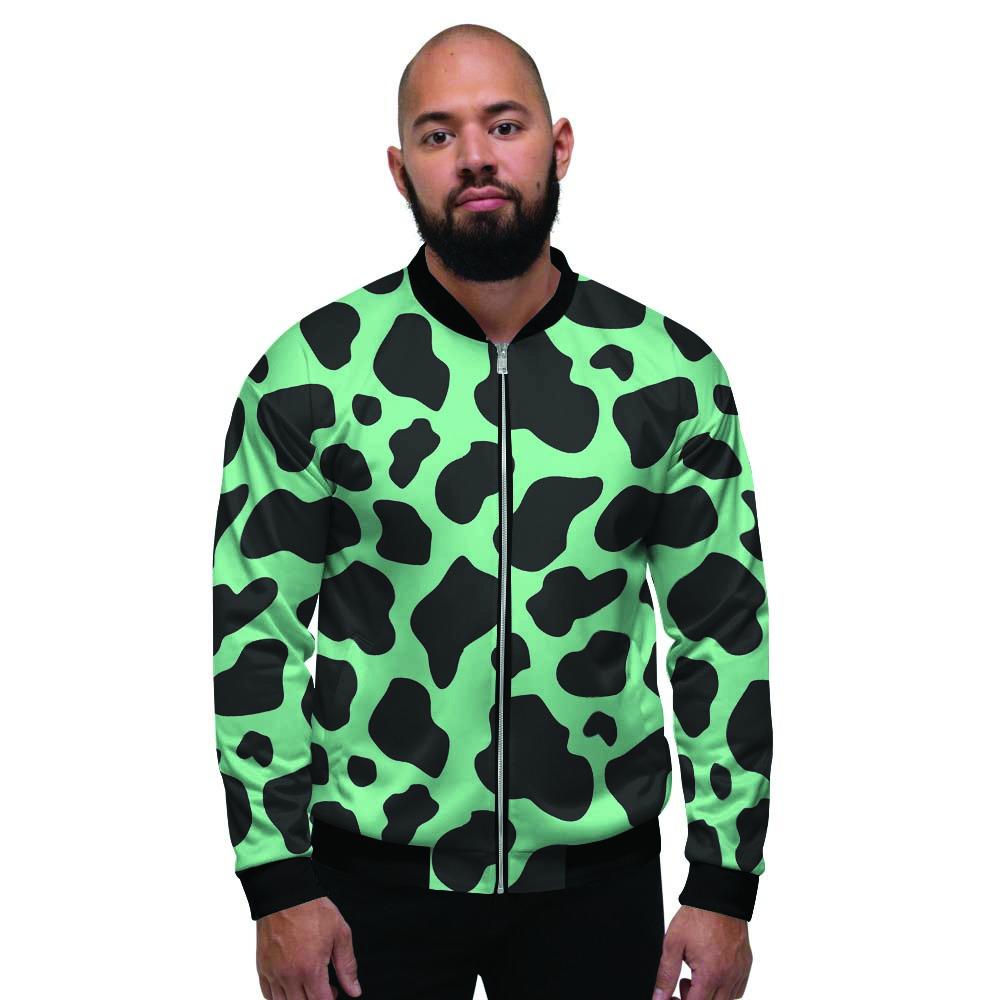 Black And Teal Cow Print Men's Bomber Jacket-grizzshop