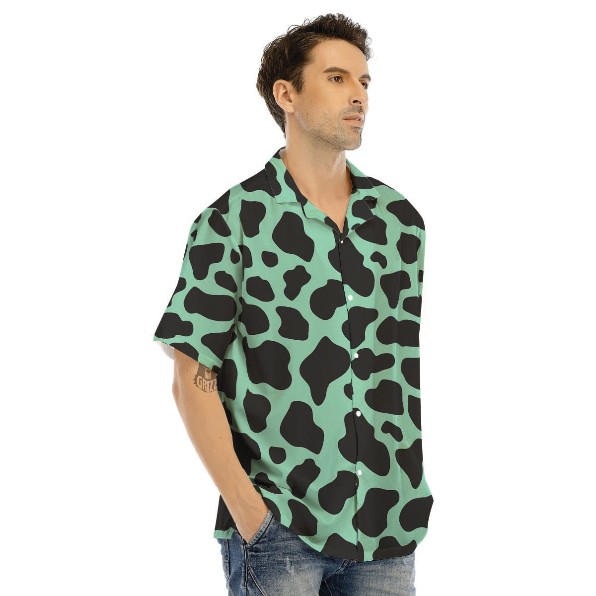 Black And Teal Cow Print Men’s Hawaiian Shirt-grizzshop