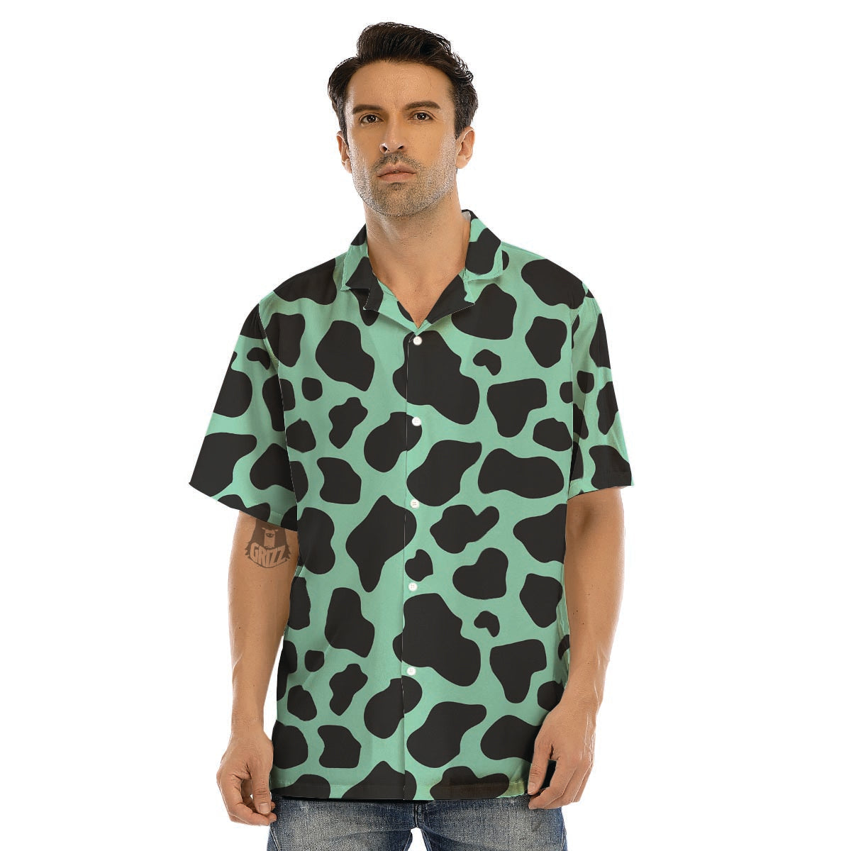 Black And Teal Cow Print Men’s Hawaiian Shirt-grizzshop