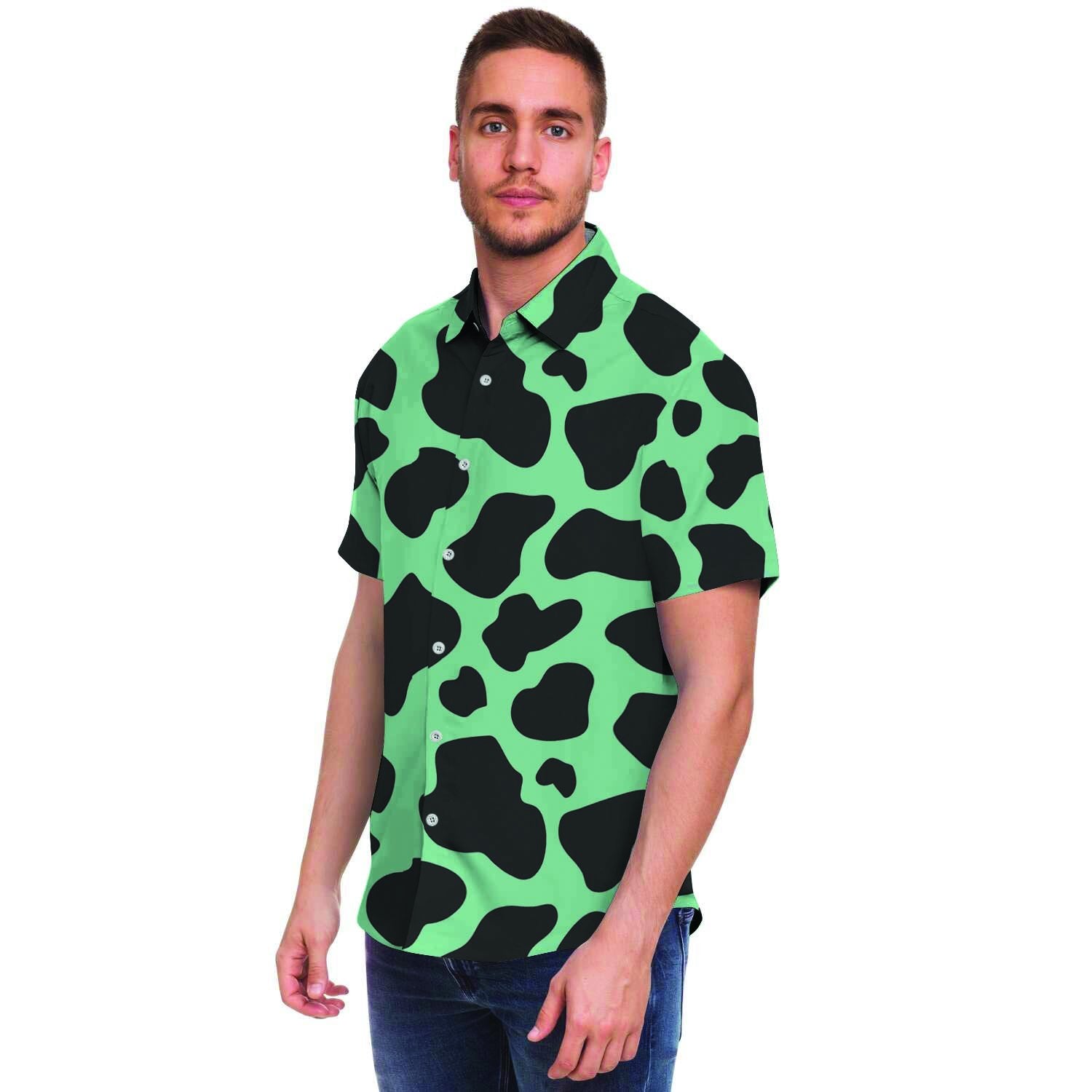 Black And Teal Cow Print Men's Short Sleeve Shirt-grizzshop