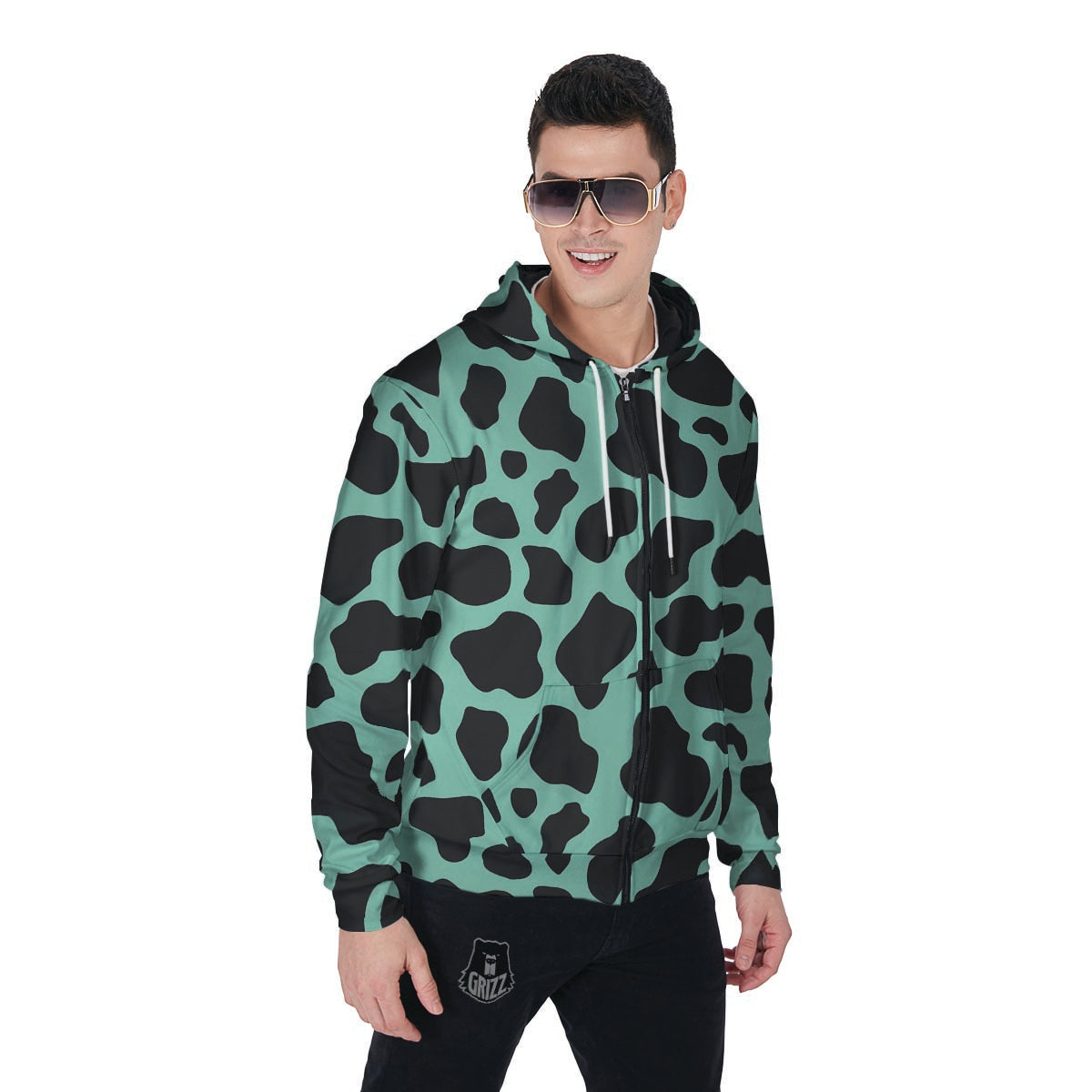 Black And Teal Cow Print Men's Zip Up Hoodie-grizzshop