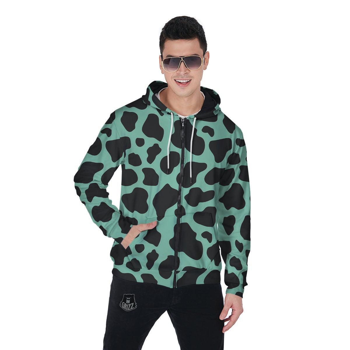Black And Teal Cow Print Men's Zip Up Hoodie-grizzshop