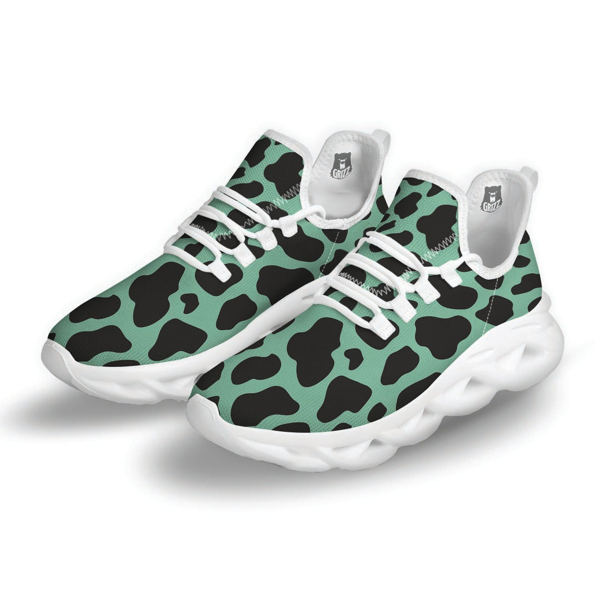 Black And Teal Cow Print White Running Shoes-grizzshop