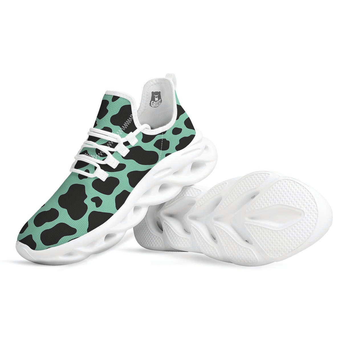 Black And Teal Cow Print White Running Shoes-grizzshop