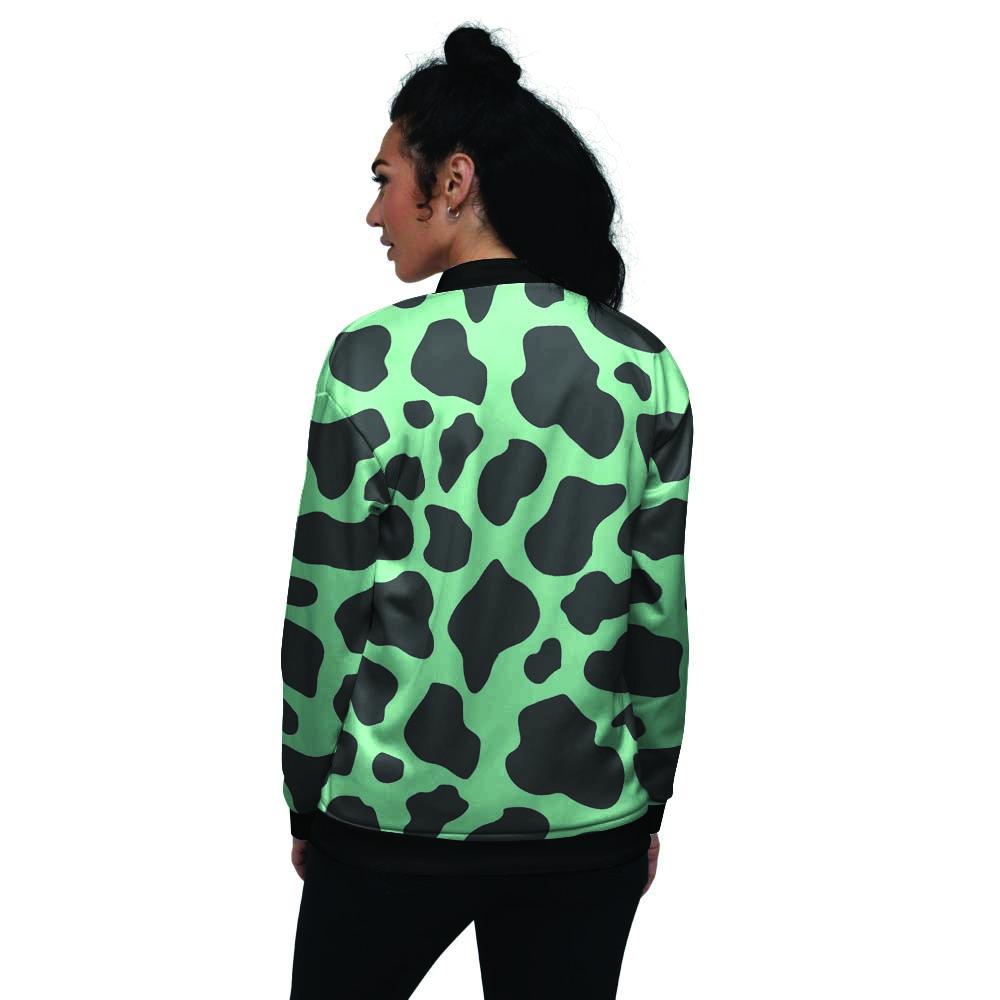 Black And Teal Cow Print Women's Bomber Jacket-grizzshop