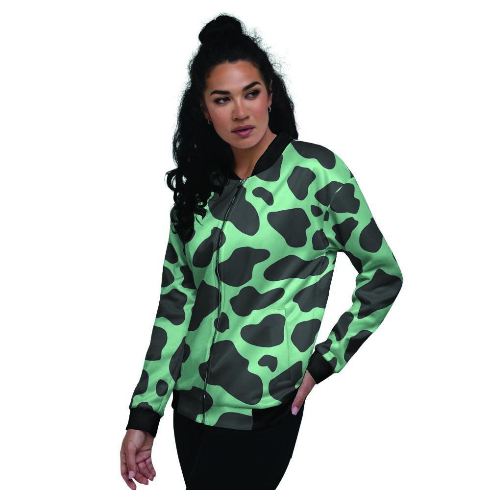 Black And Teal Cow Print Women's Bomber Jacket-grizzshop