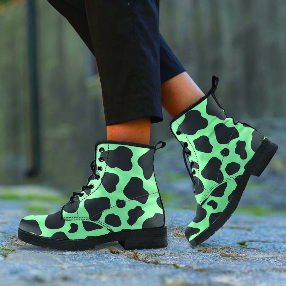 Black And Teal Cow Print Women's Boots-grizzshop