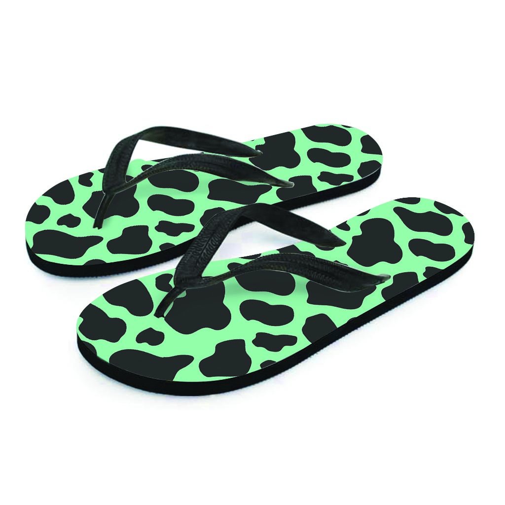 Black And Teal Cow Print Women's Flip Flops-grizzshop