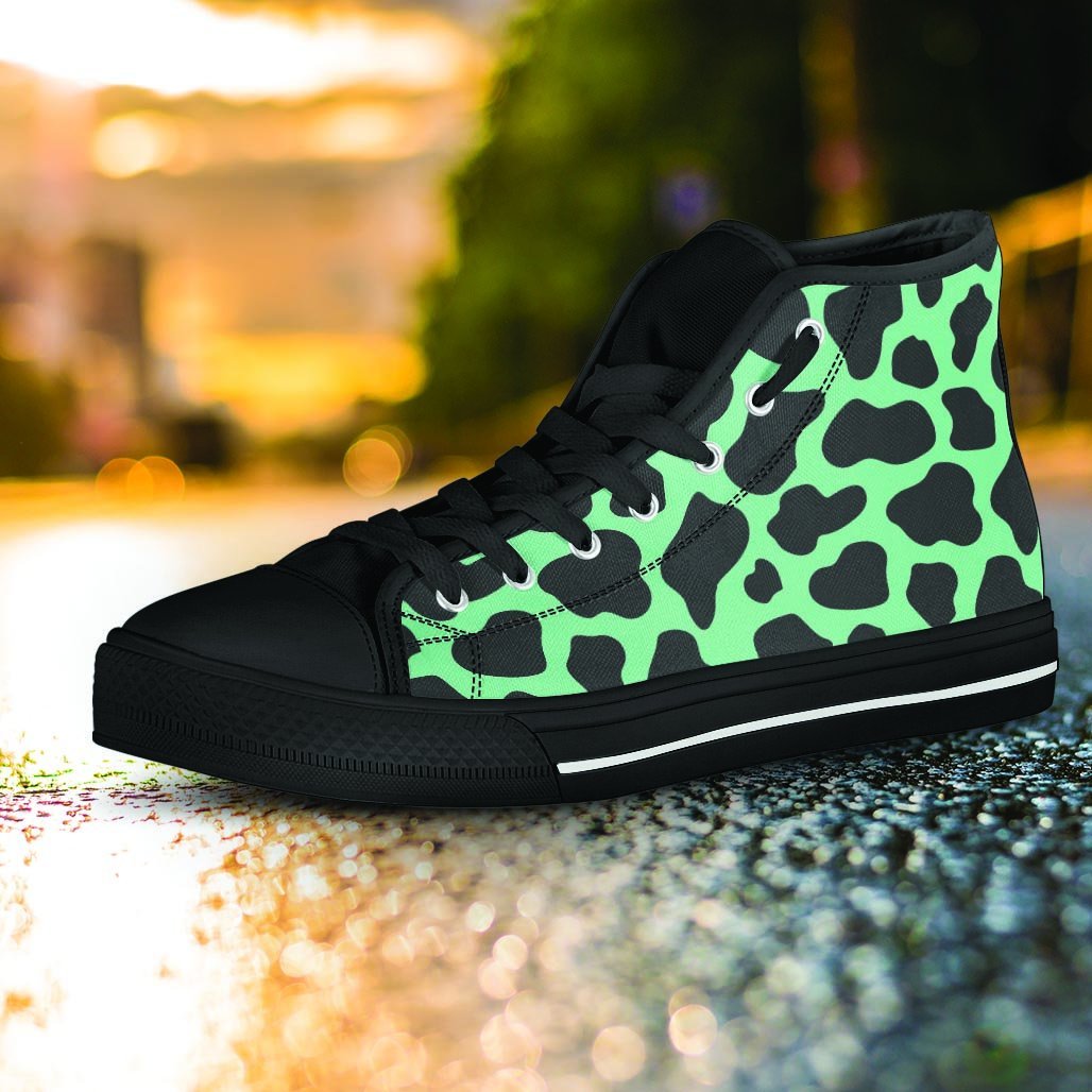 Black And Teal Cow Print Women's High Top Shoes-grizzshop