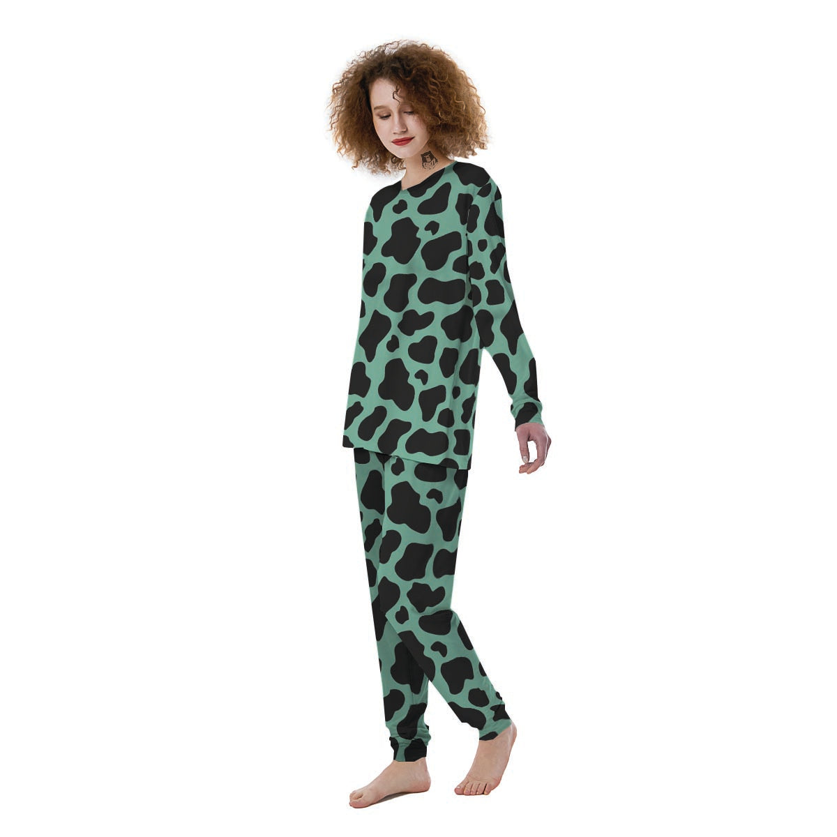 Black And Teal Cow Print Women's Pajamas-grizzshop