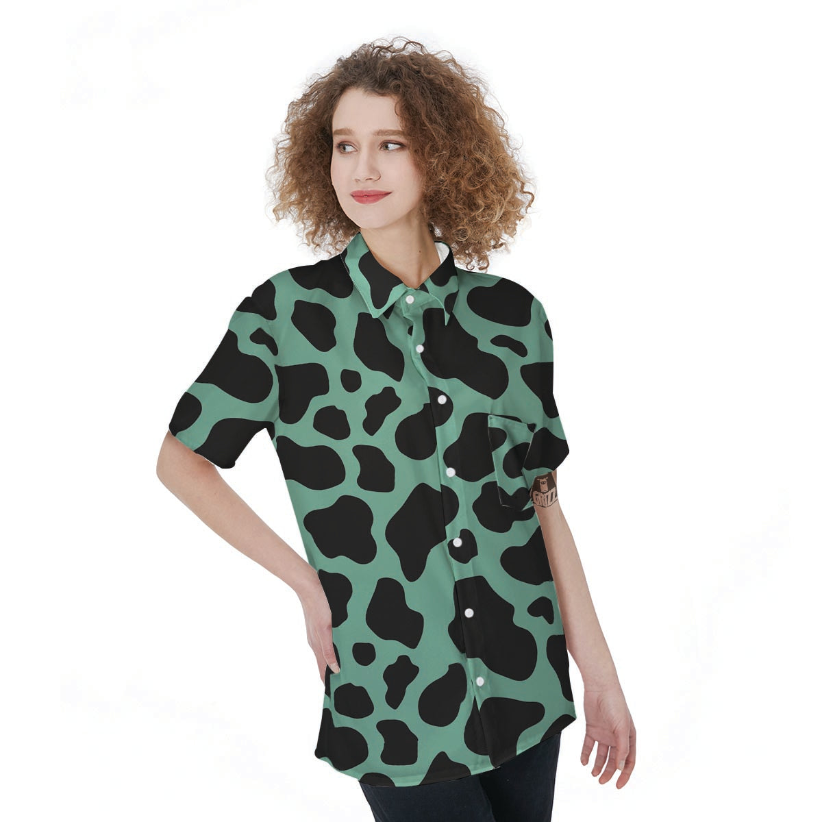 Black And Teal Cow Print Women's Short Sleeve Shirts-grizzshop