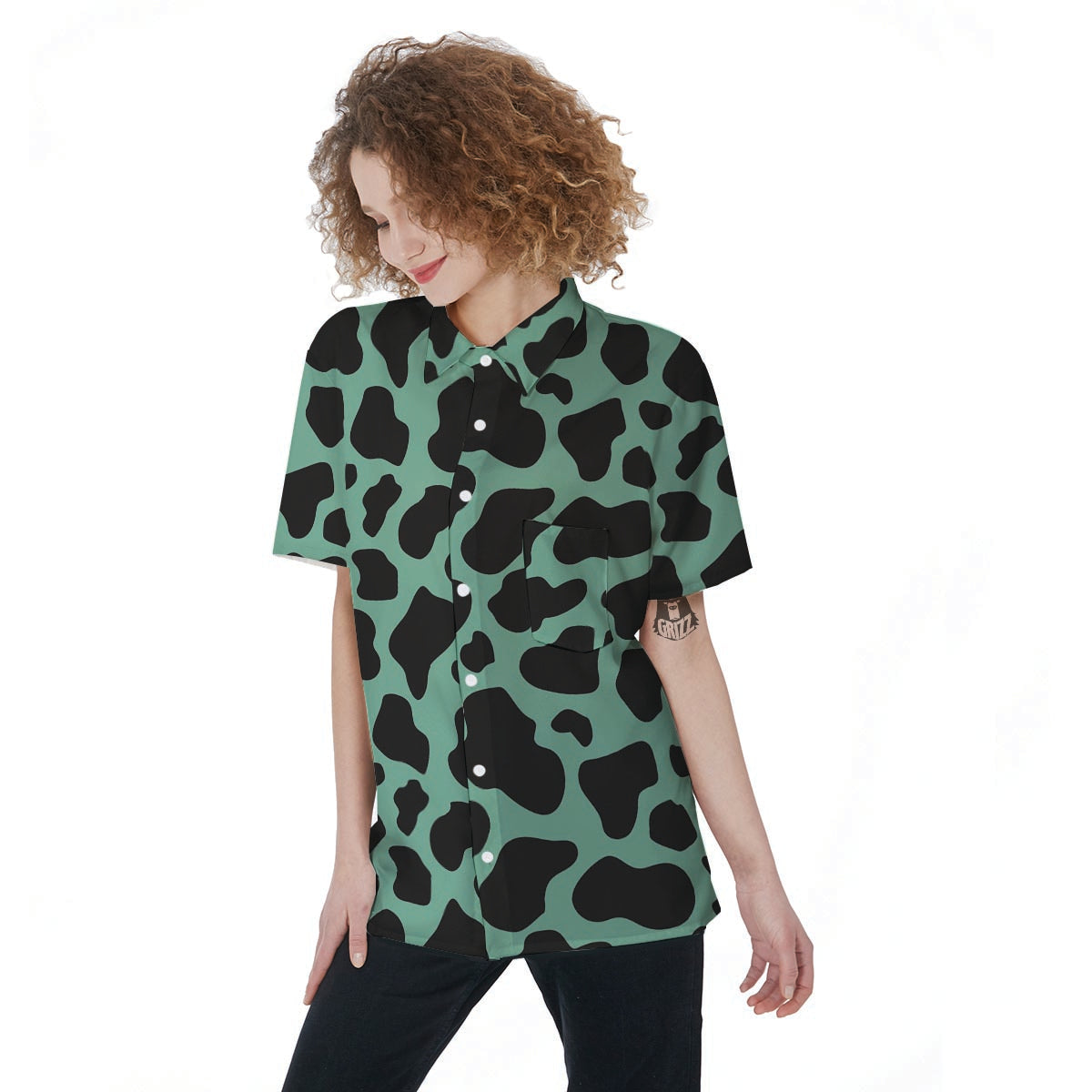 Black And Teal Cow Print Women's Short Sleeve Shirts-grizzshop