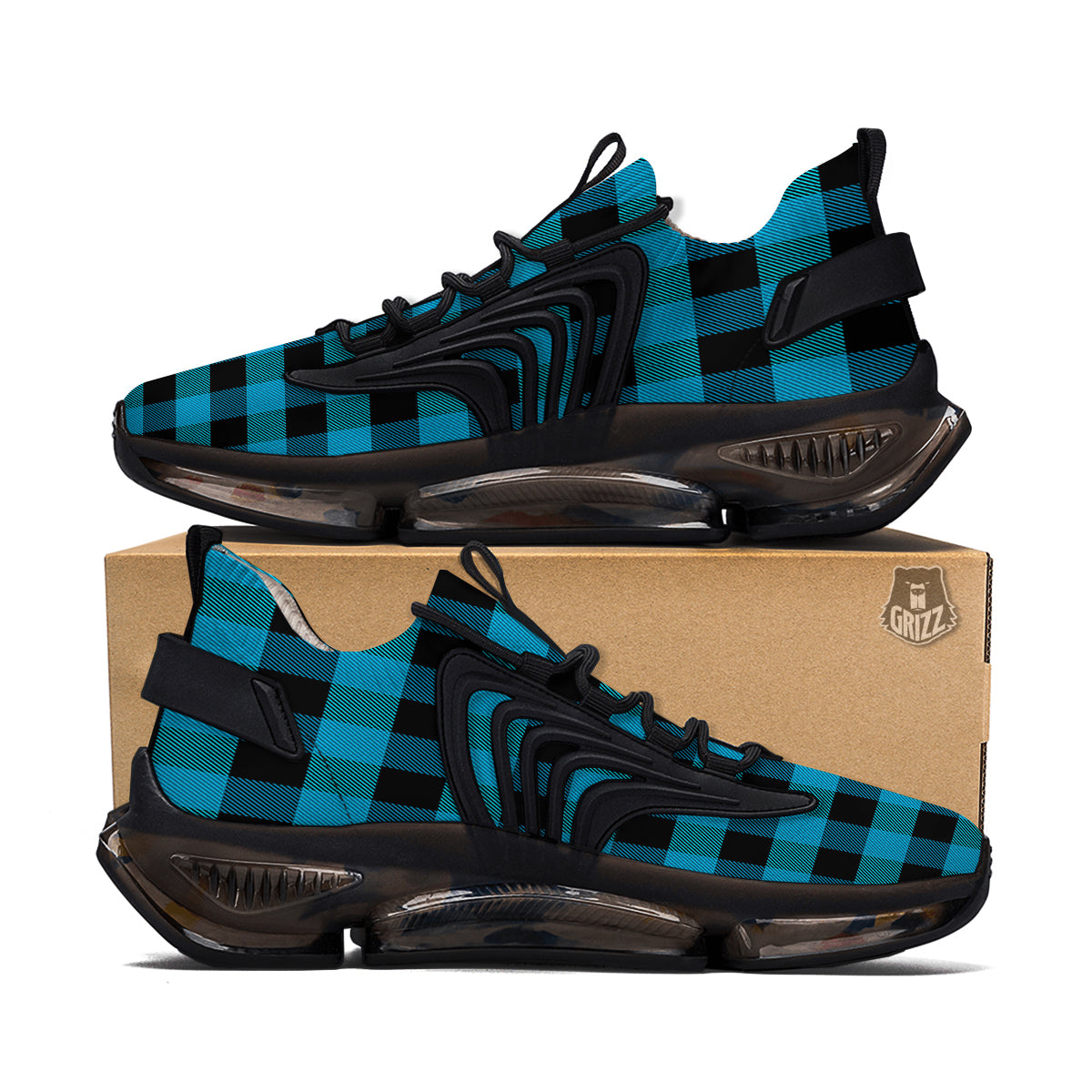Black And Turquoise Check Print Pattern Black Gym Shoes-grizzshop