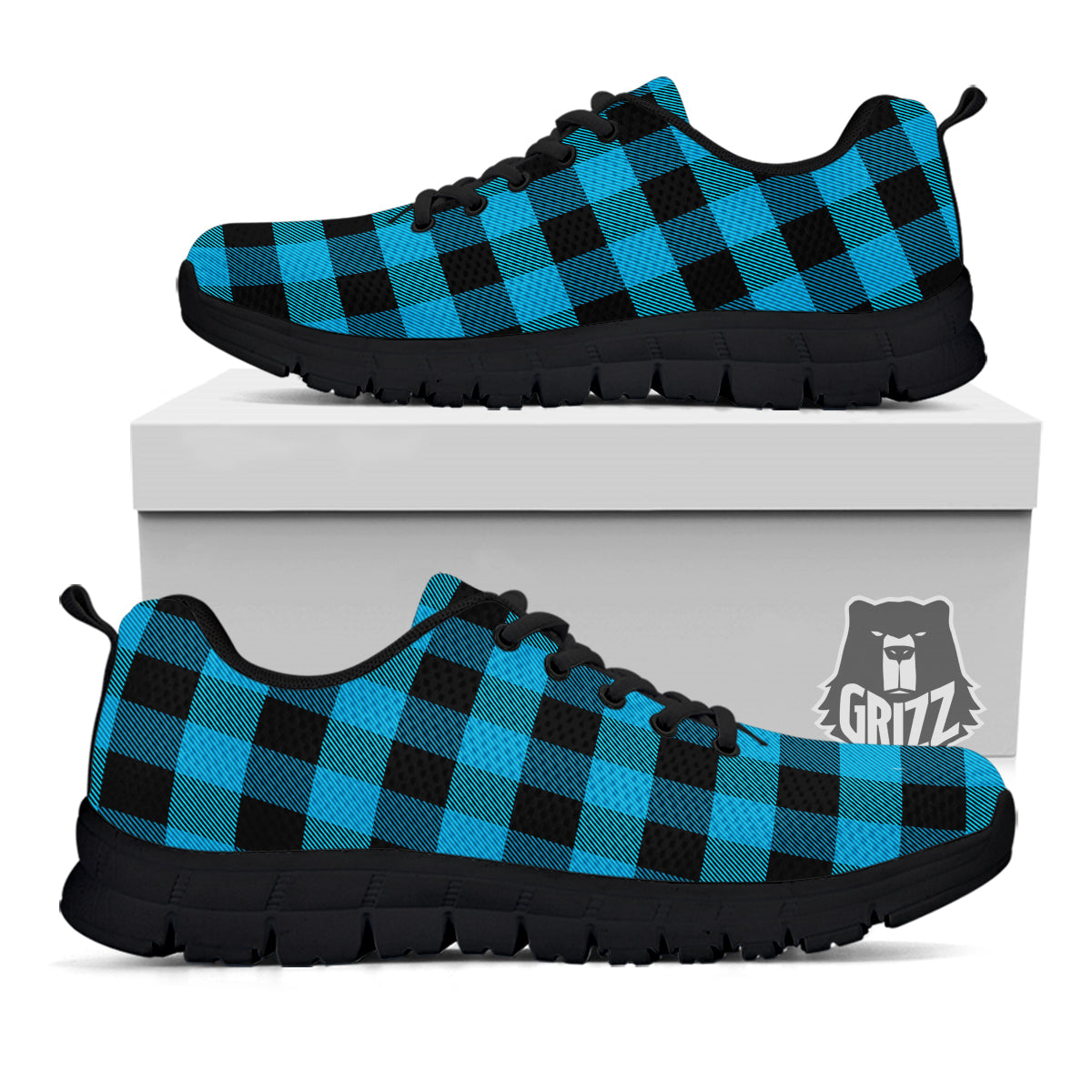 Black And Turquoise Check Print Pattern Black Sneaker-grizzshop