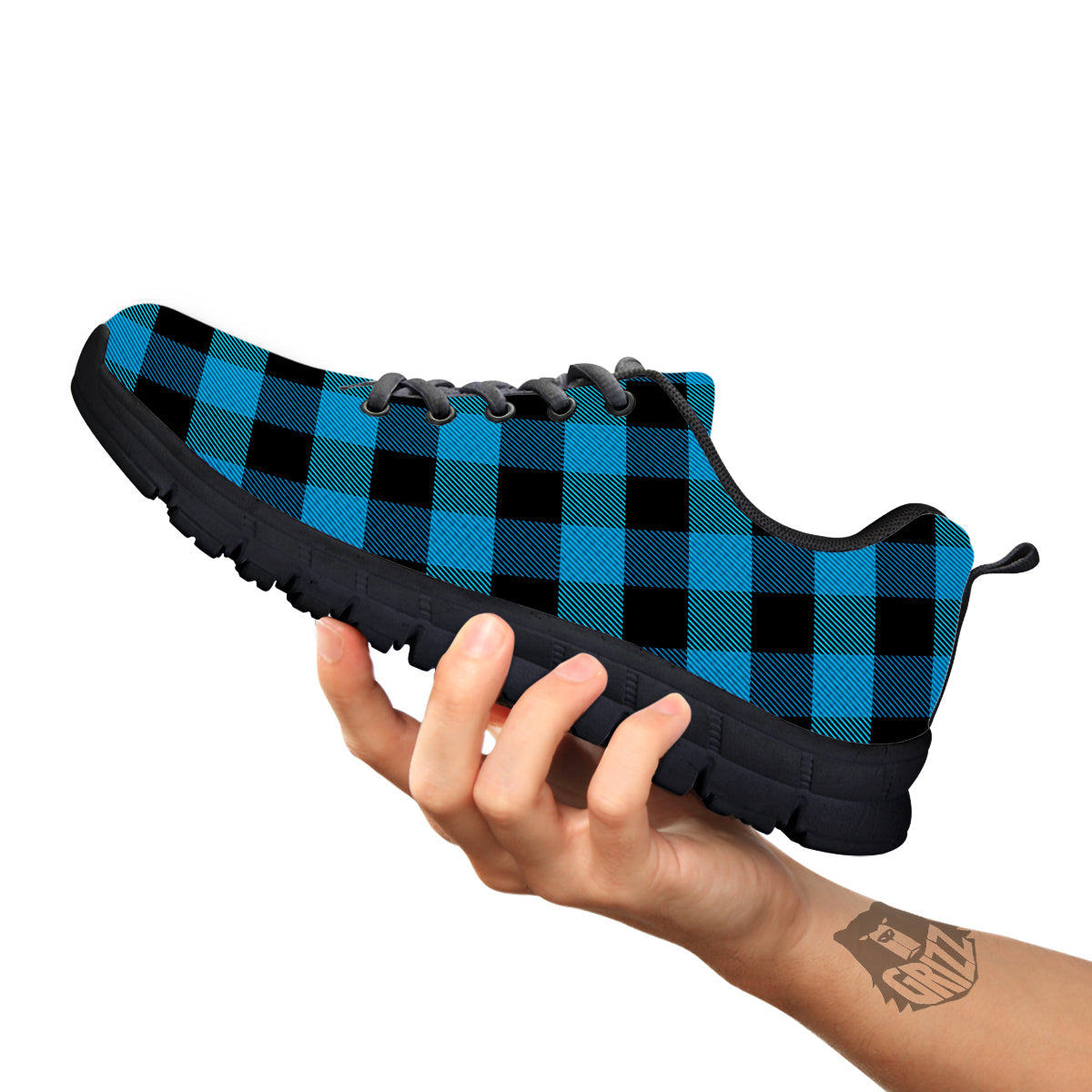 Black And Turquoise Check Print Pattern Black Sneaker-grizzshop