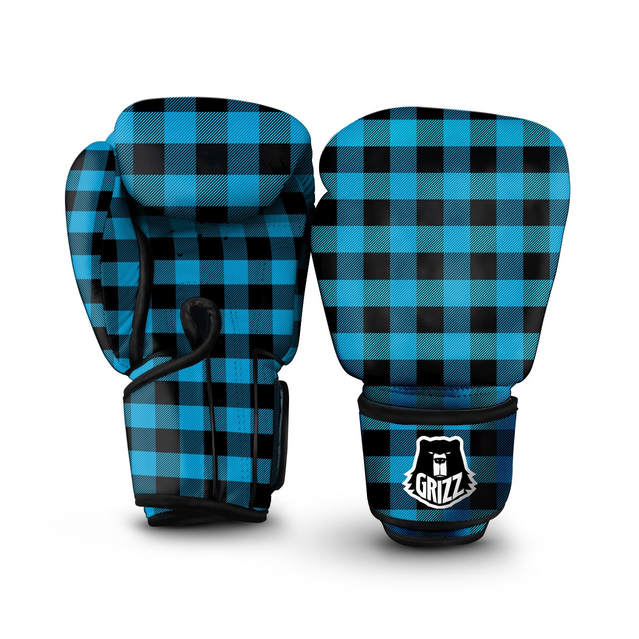Black And Turquoise Check Print Pattern Boxing Gloves-grizzshop