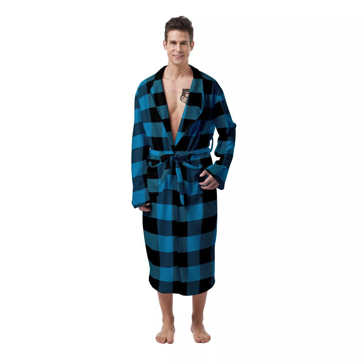 Black And Turquoise Check Print Pattern Men's Robe-grizzshop