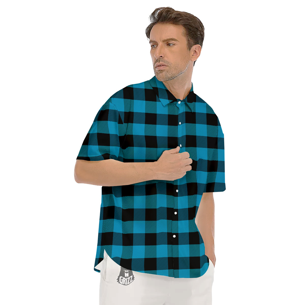 Black And Turquoise Check Print Pattern Men's Short Sleeve Shirts-grizzshop