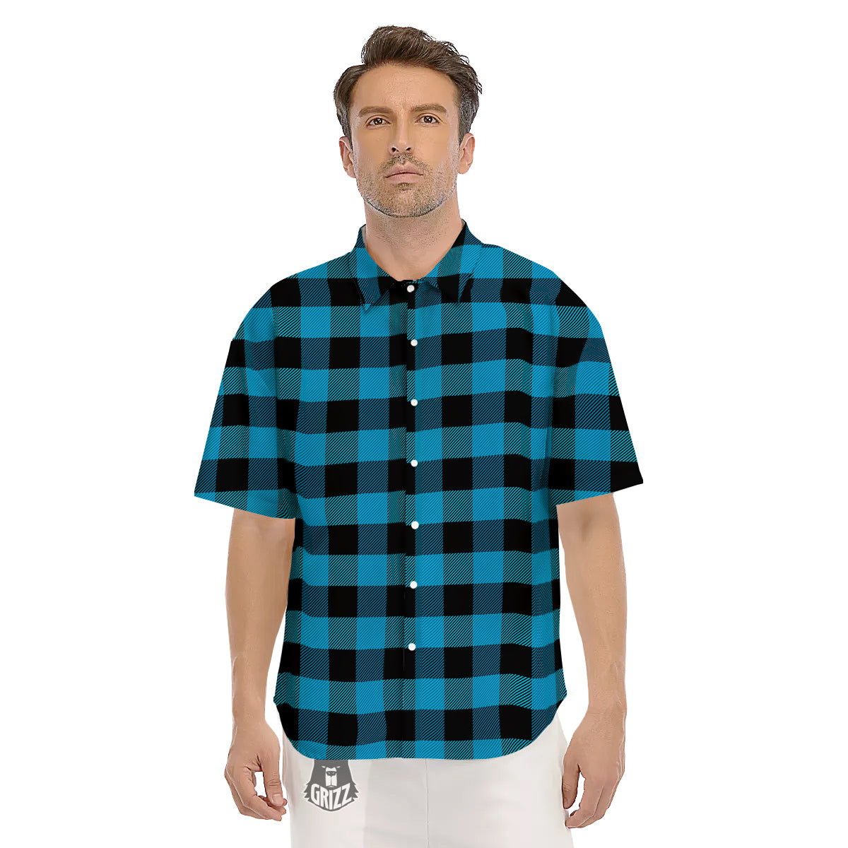 Black And Turquoise Check Print Pattern Men's Short Sleeve Shirts-grizzshop