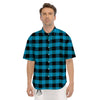 Black And Turquoise Check Print Pattern Men's Short Sleeve Shirts-grizzshop