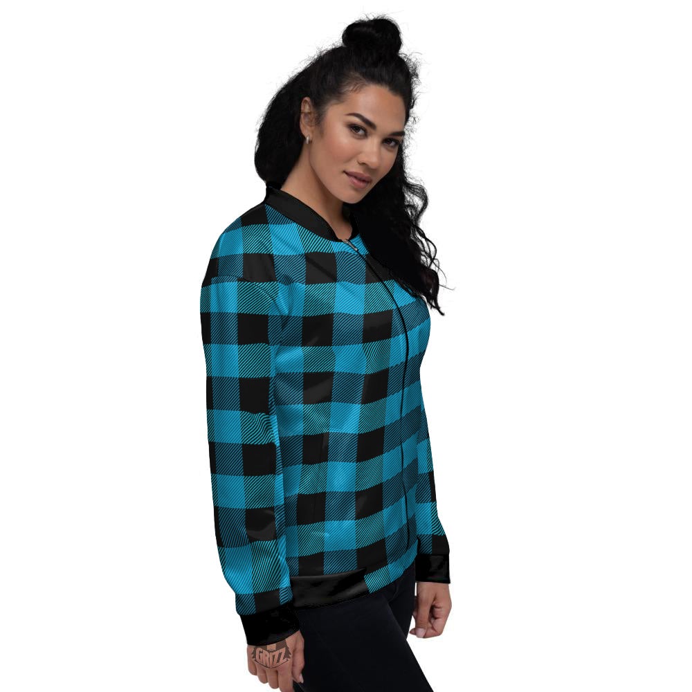 Black And Turquoise Check Print Pattern Women's Bomber Jacket-grizzshop