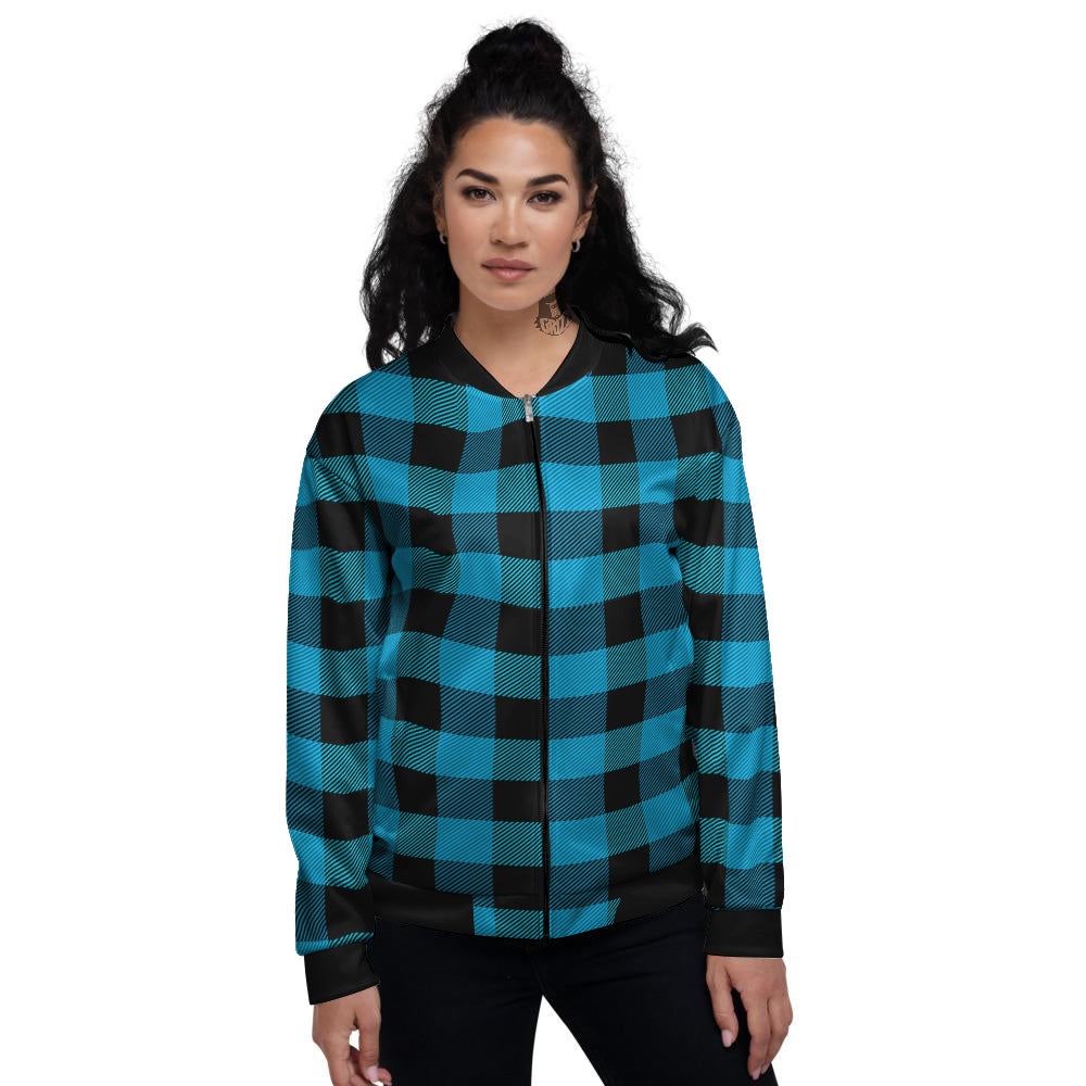 Black And Turquoise Check Print Pattern Women's Bomber Jacket-grizzshop