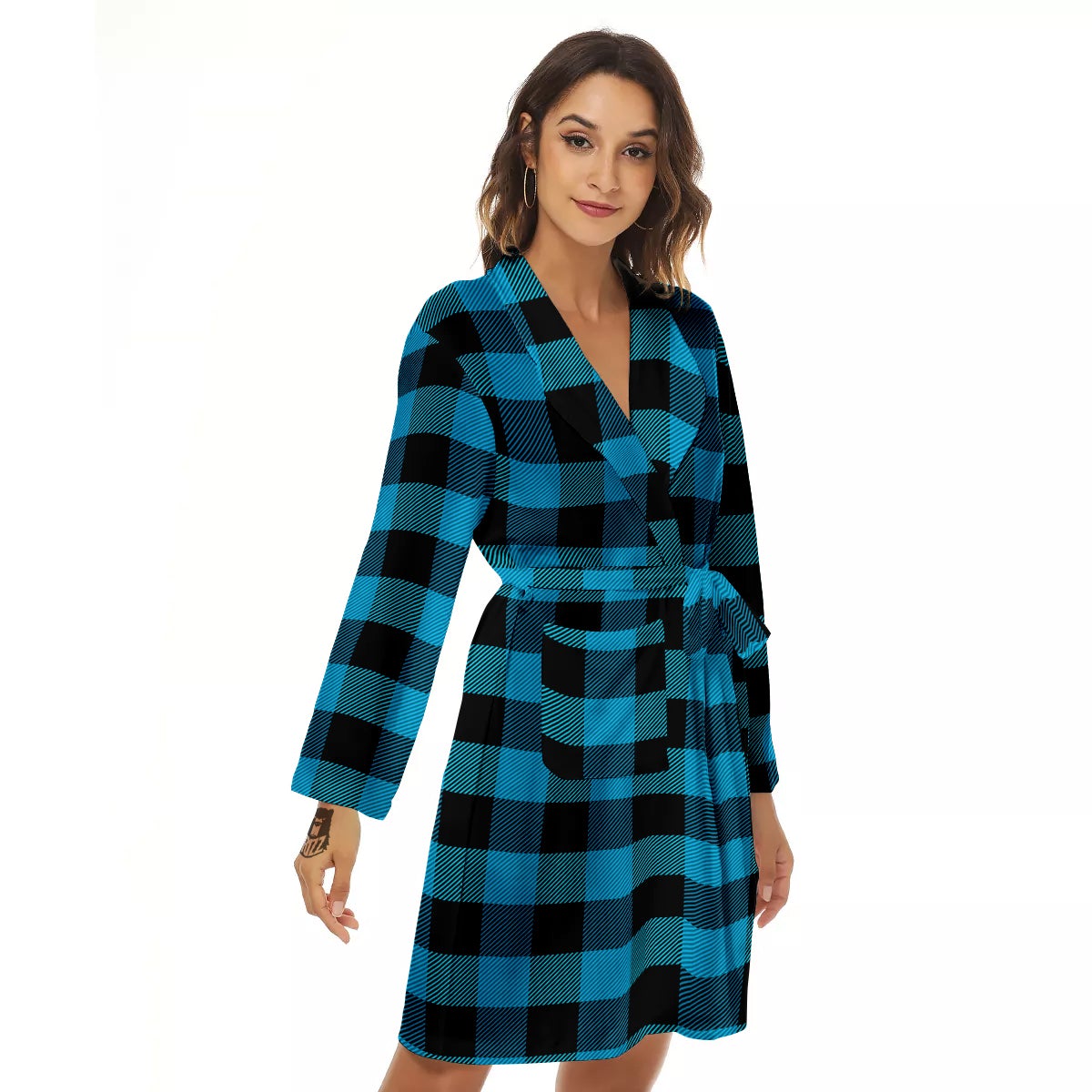 Black And Turquoise Check Print Pattern Women's Robe-grizzshop