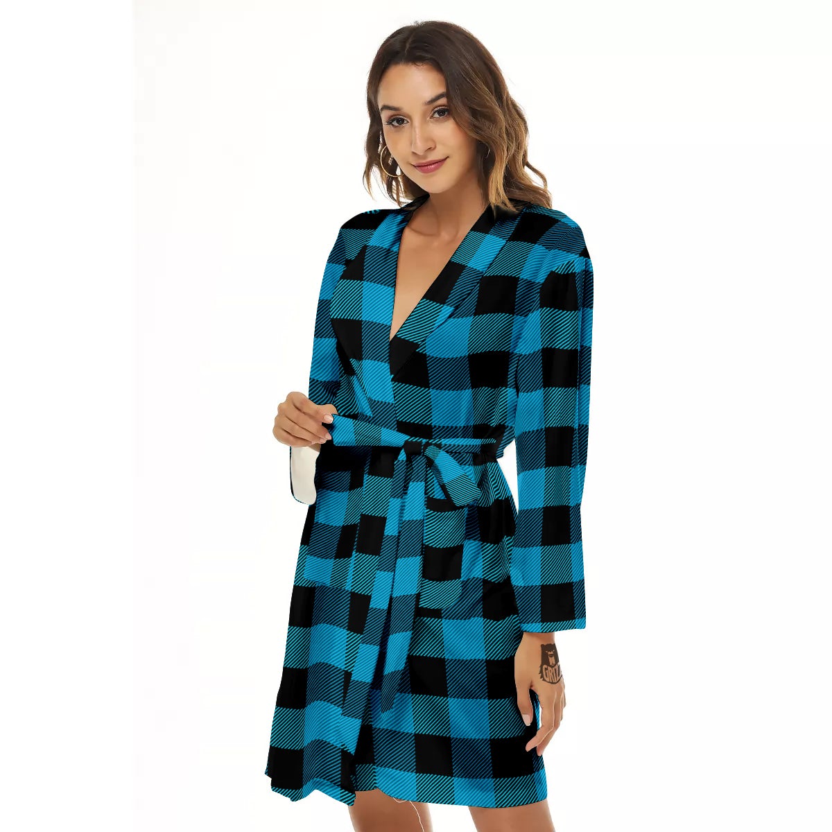 Black And Turquoise Check Print Pattern Women's Robe-grizzshop