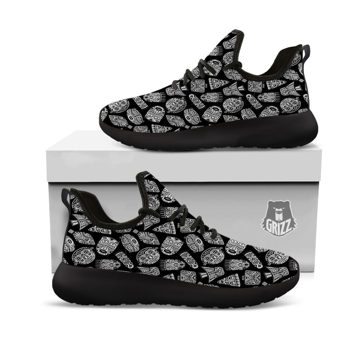 Black And White African Fancy Masks Print Pattern Black Athletic Shoes-grizzshop