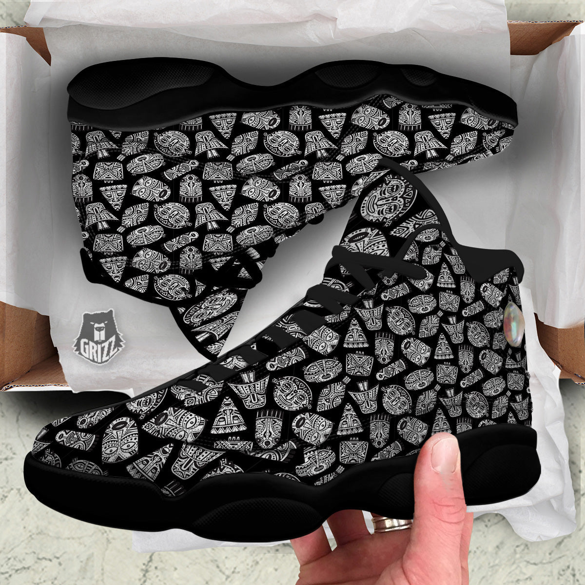 Black And White African Fancy Masks Print Pattern Black Basketball Shoes-grizzshop