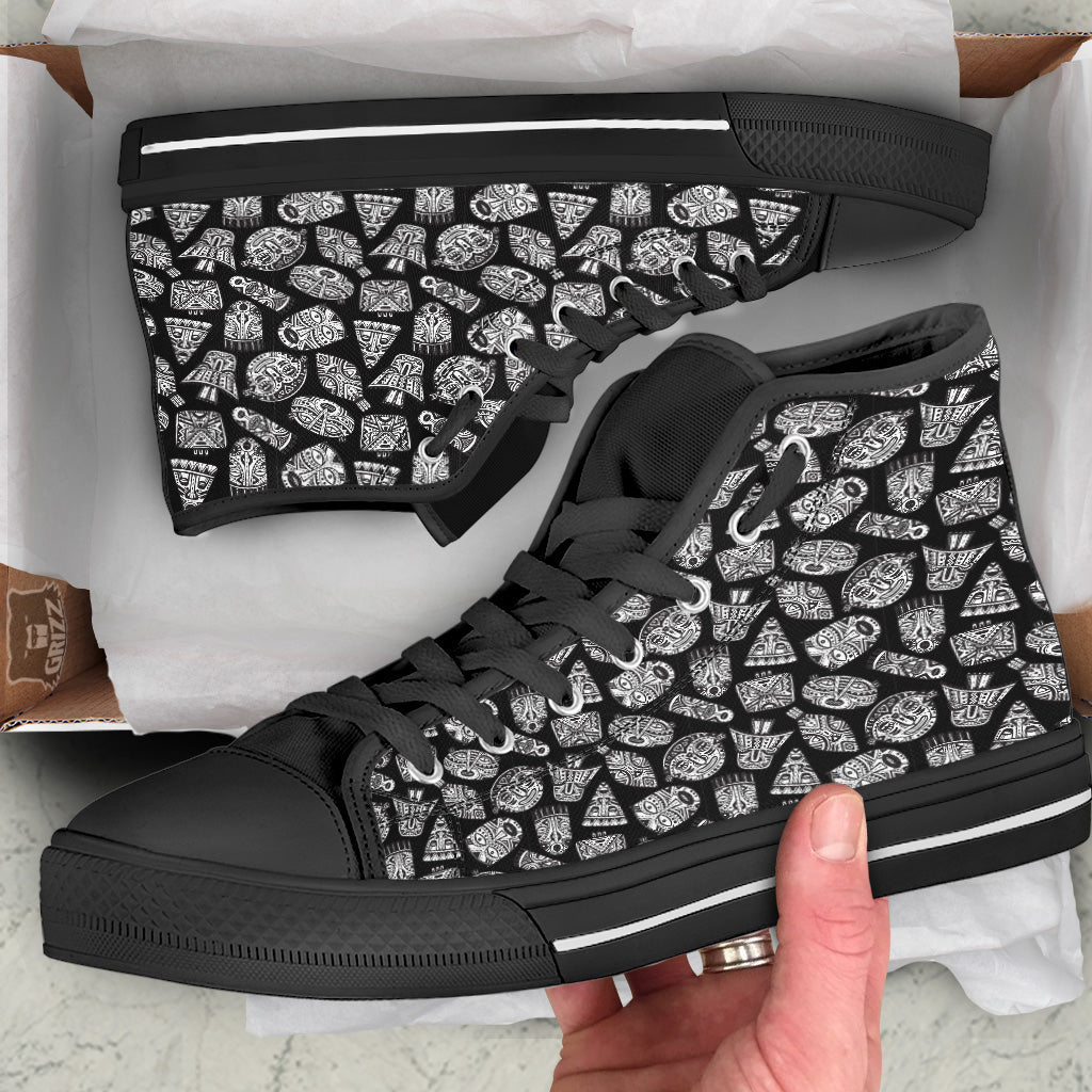 Black And White African Fancy Masks Print Pattern Black High Top Shoes-grizzshop