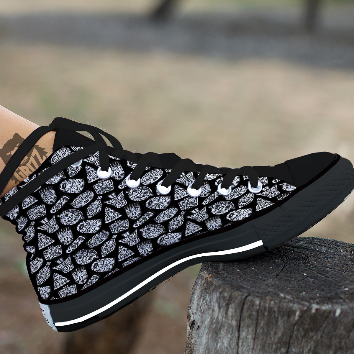 Black And White African Fancy Masks Print Pattern Black High Top Shoes-grizzshop