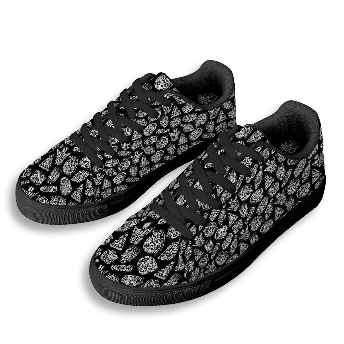 Black And White African Fancy Masks Print Pattern Black Low Top Sneakers-grizzshop