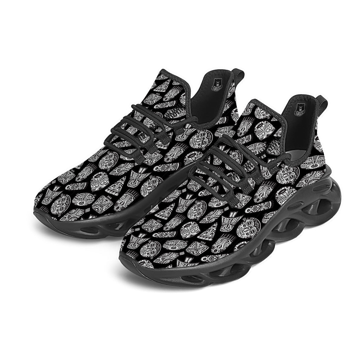 Black And White African Fancy Masks Print Pattern Black Running Shoes-grizzshop