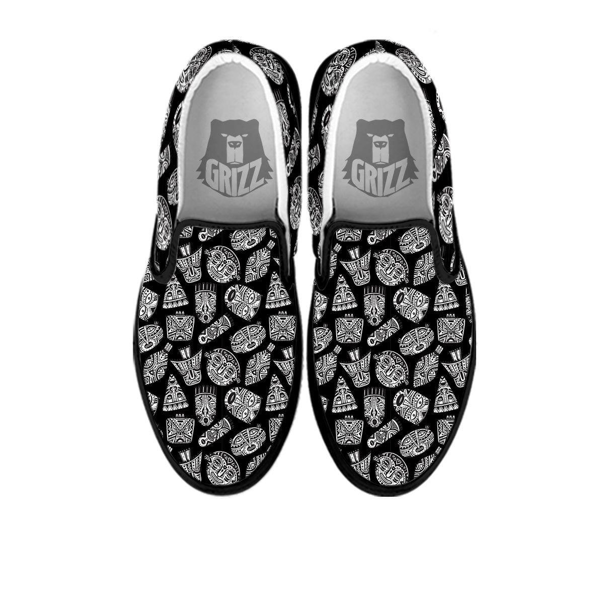 Black And White African Fancy Masks Print Pattern Black Slip On Shoes-grizzshop