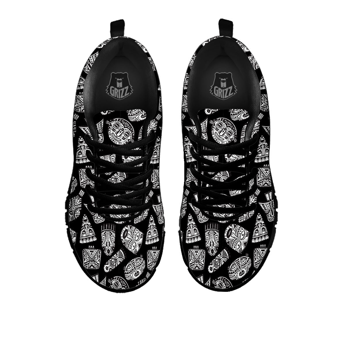 Black And White African Fancy Masks Print Pattern Black Sneaker-grizzshop